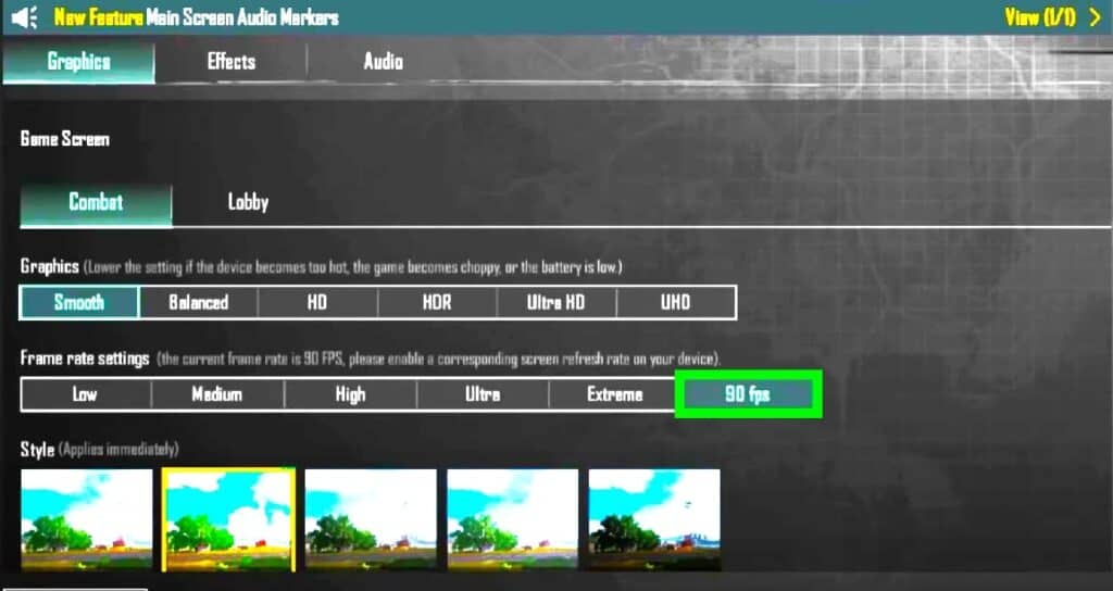 Screenshot of BGMI graphics settings for 90 FPS